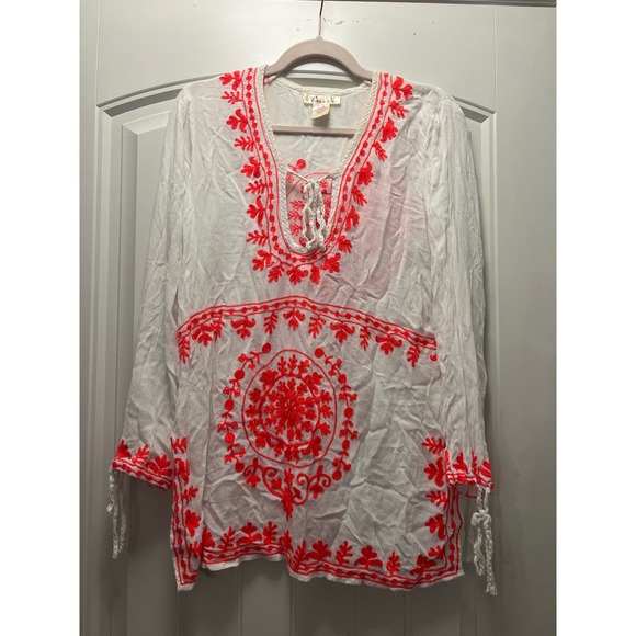 Lucky‎ & Coco Women’s Embroidered & Tasseled Swim Cover Top Size S White Pink - Picture 1 of 7